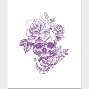 Purple line art Skull and Roses Posters and Art